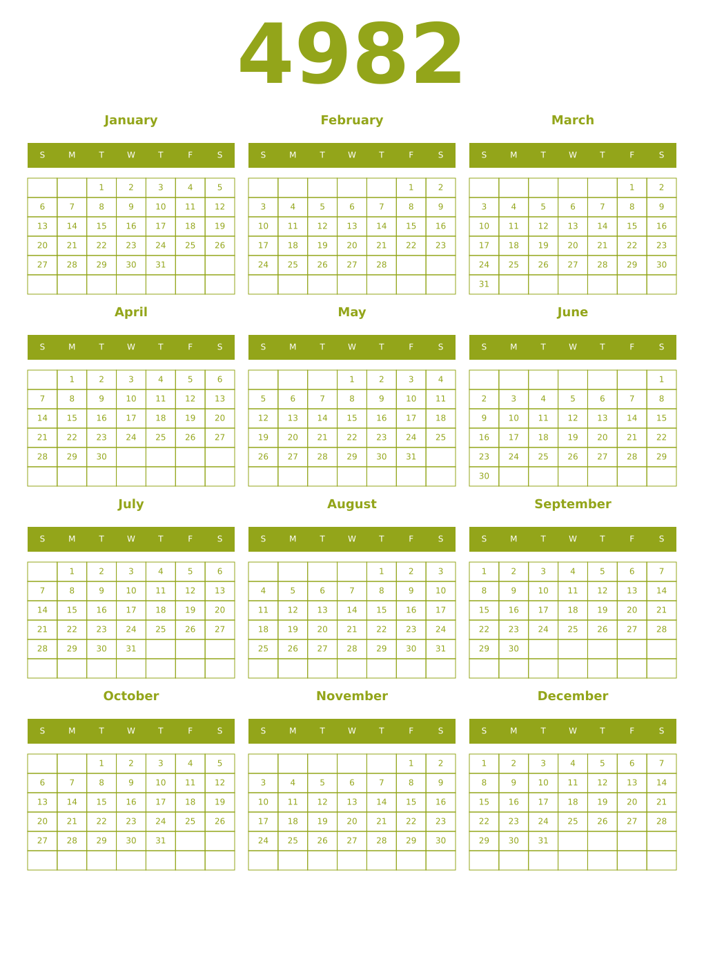 Printable 4982 Year Calendars chartreuse