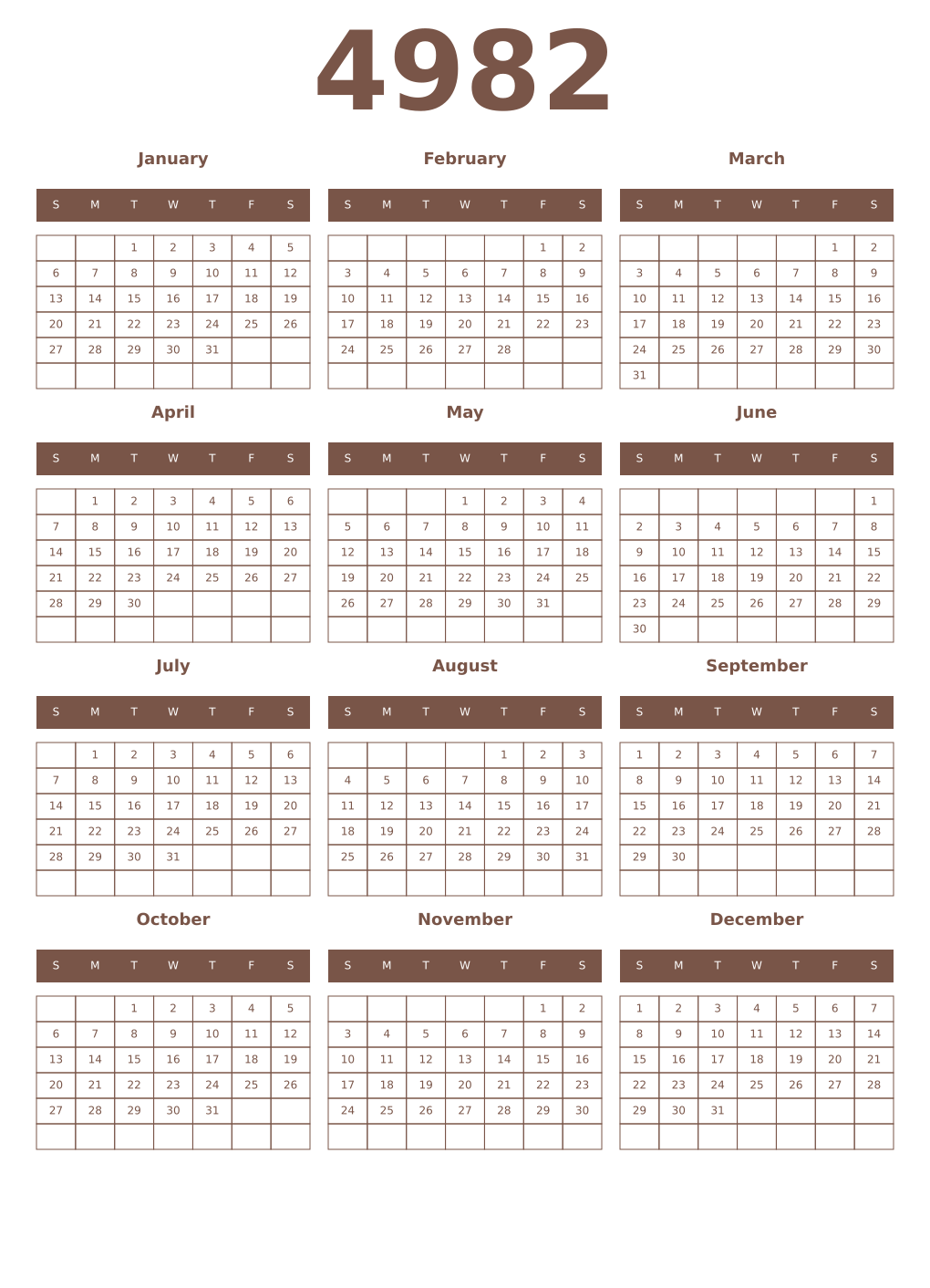 Printable 4982 Year Calendars coffe
