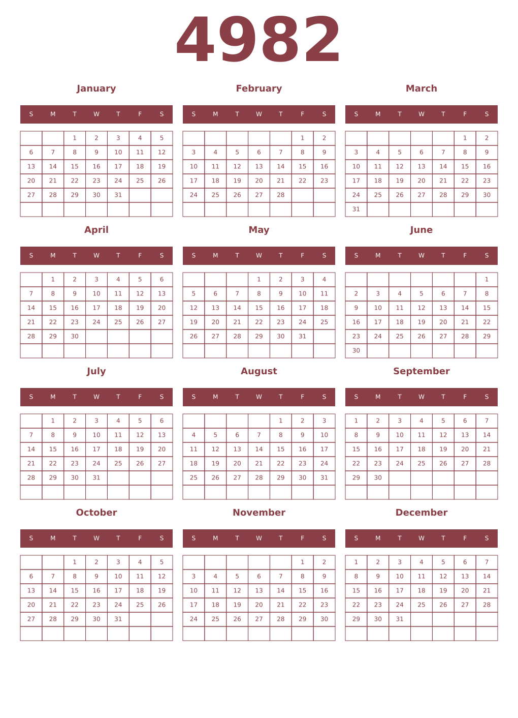 Printable 4982 Year Calendars cordovan
