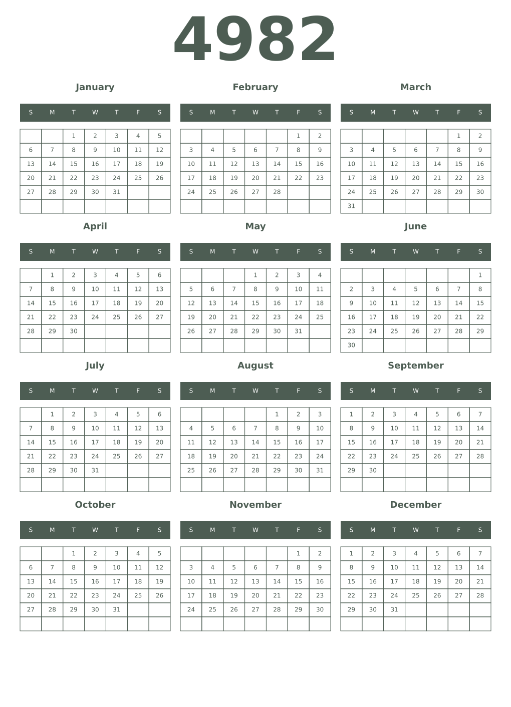 Printable 4982 Year Calendars feldgrau