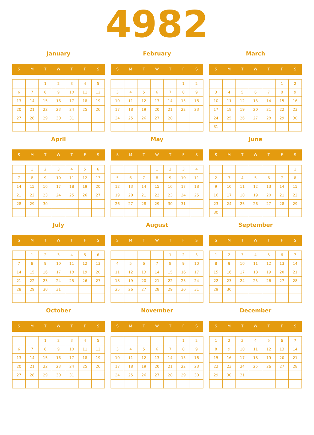 Printable 4982 Year Calendars gamboge