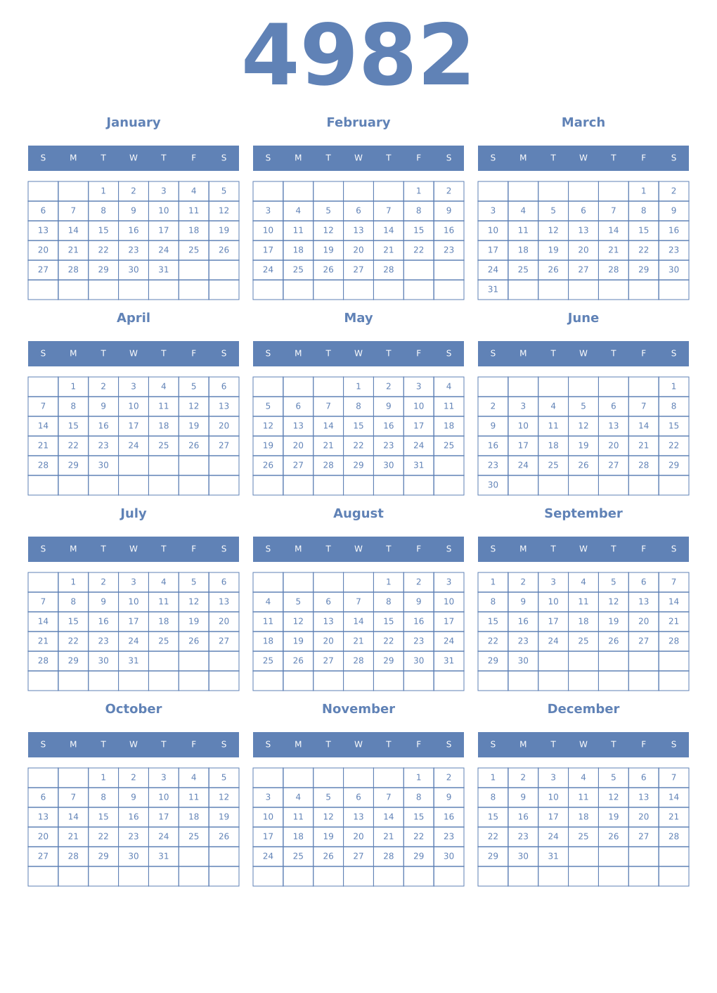 Printable 4982 Year Calendars glaucous