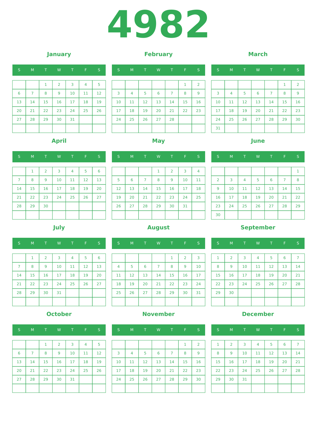 Printable 4982 Year Calendars green