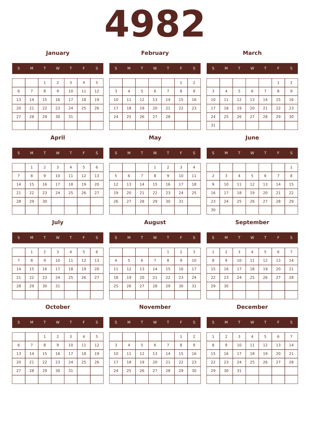 Printable 4982 Year Calendars mortuum