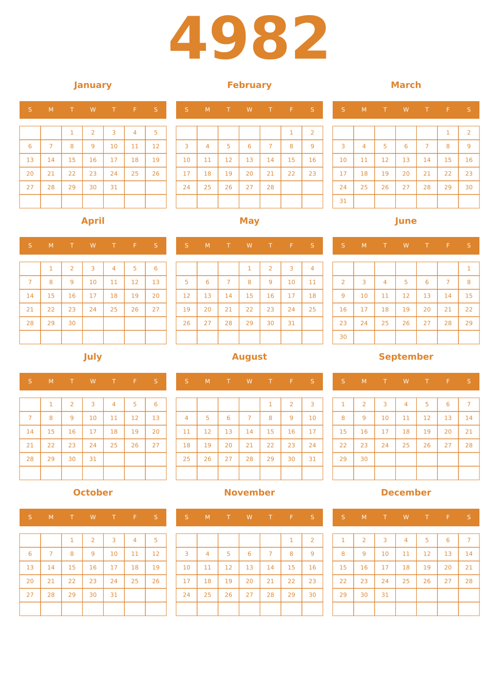 Printable 4982 Year Calendars orange