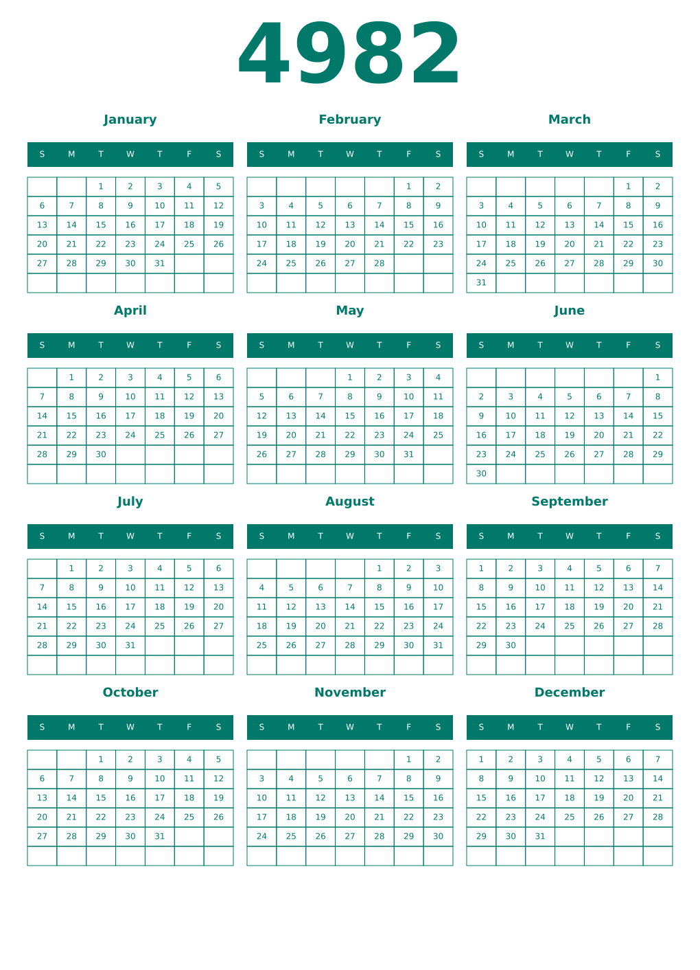 Printable 4982 Year Calendars pastel