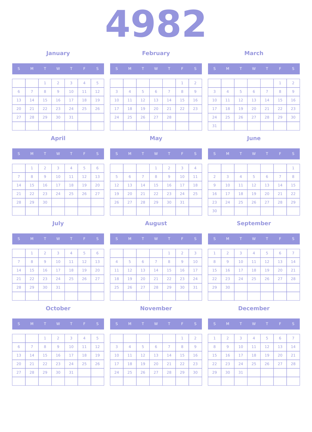 Printable 4982 Year Calendars periwinkle