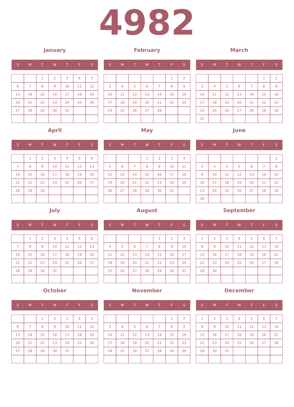 Printable 4982 Year Calendars puce