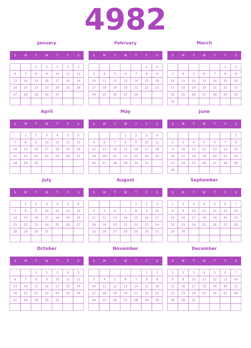 Printable 4982 Year Calendars purple