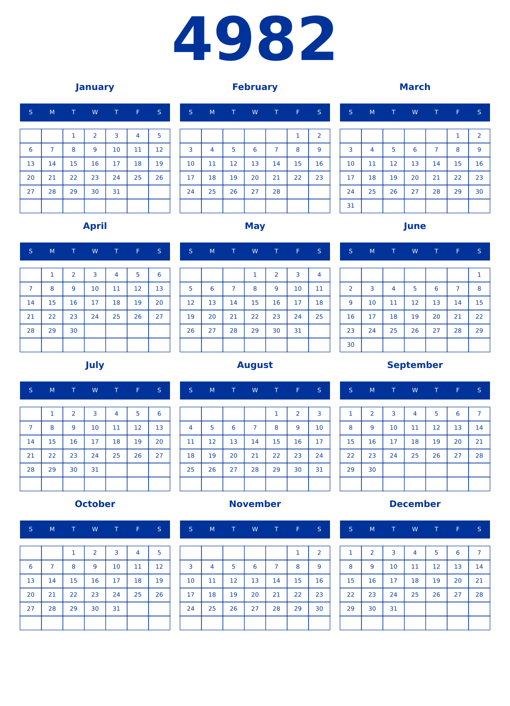 Printable 4982 Year Calendars smalt