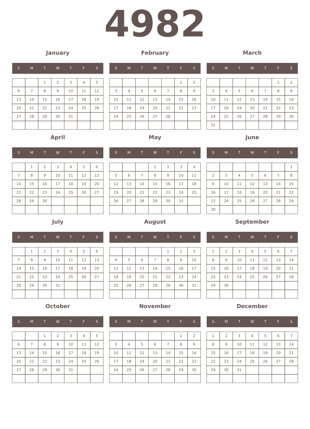 Printable 4982 Year Calendars wenge