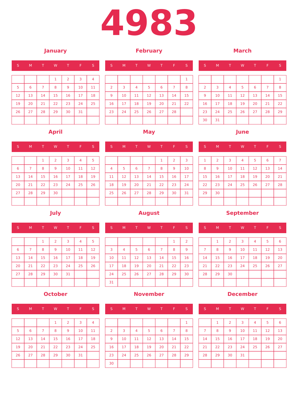 Printable 4983 Year Calendars amaranth