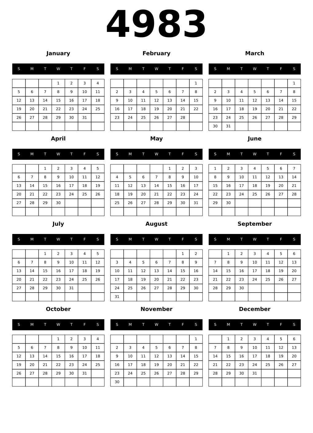 Printable 4983 Year Calendars black
