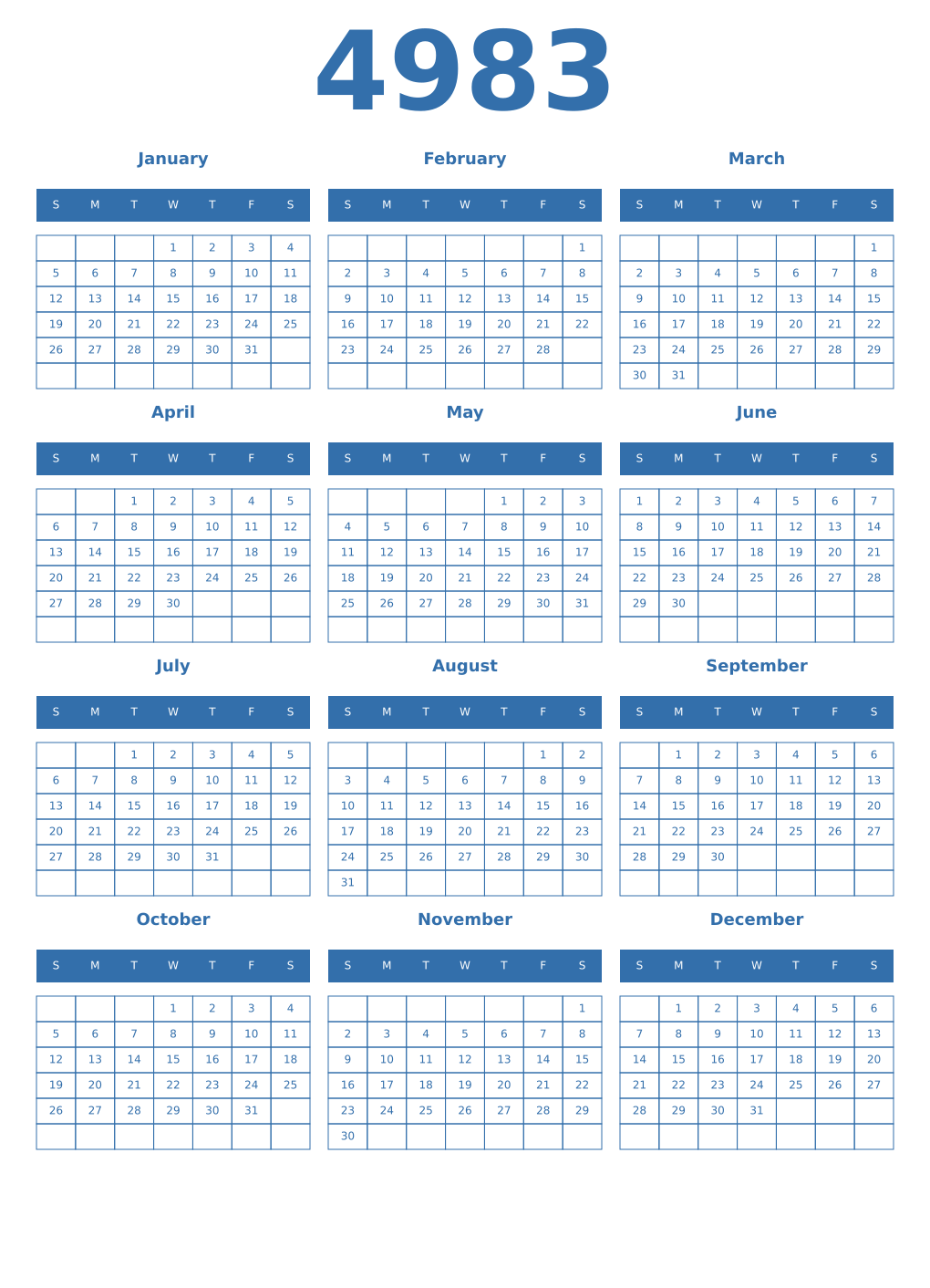 Printable 4983 Year Calendars blue
