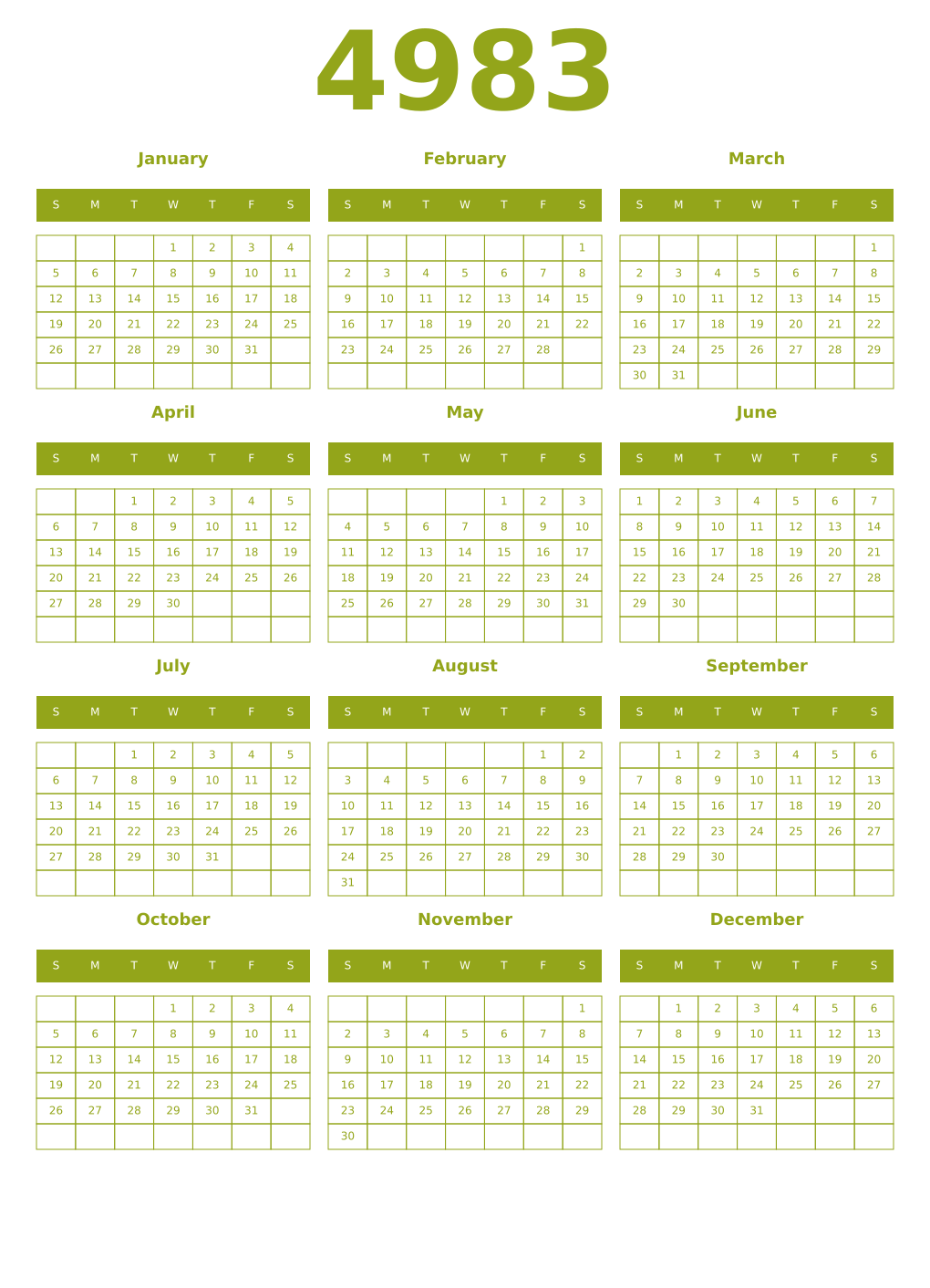 Printable 4983 Year Calendars chartreuse