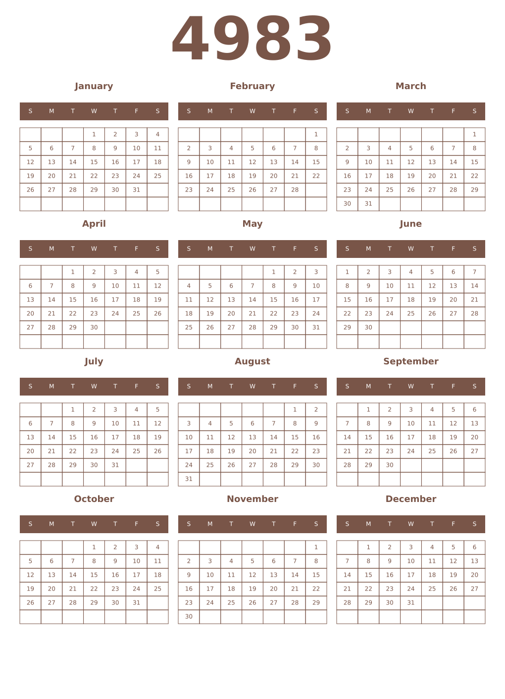 Printable 4983 Year Calendars coffe