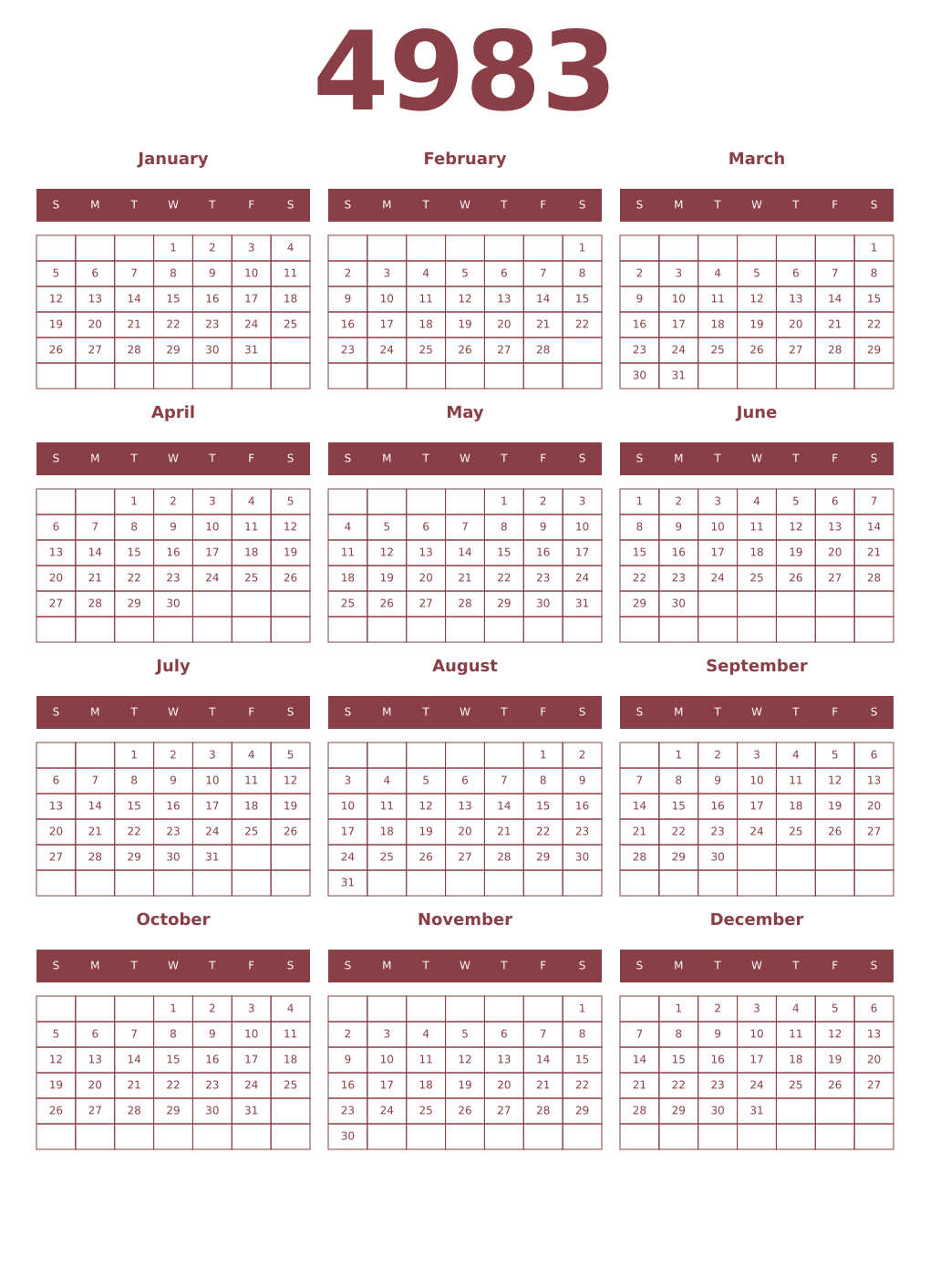 Printable 4983 Year Calendars cordovan