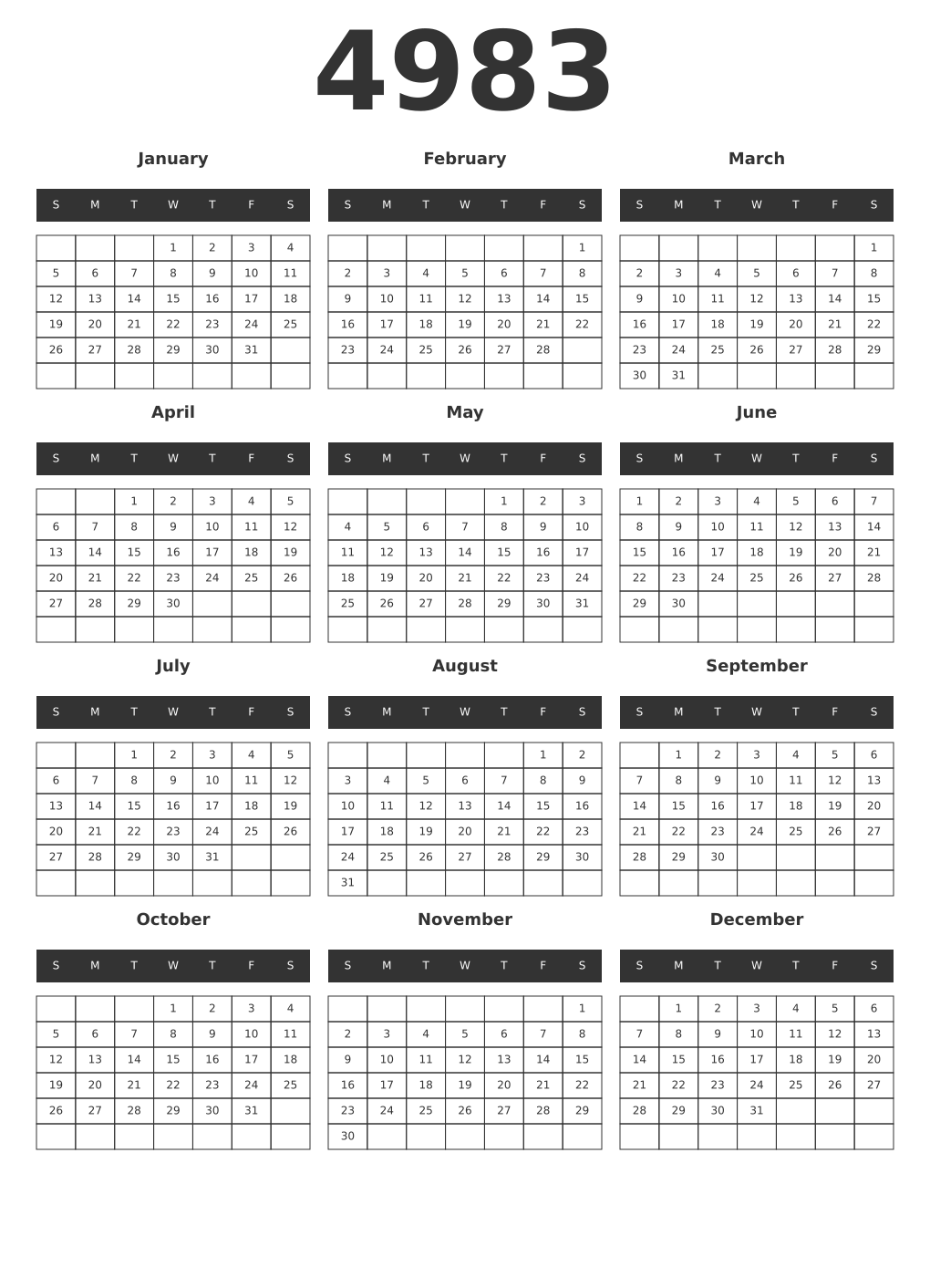 Printable 4983 Year Calendars dark