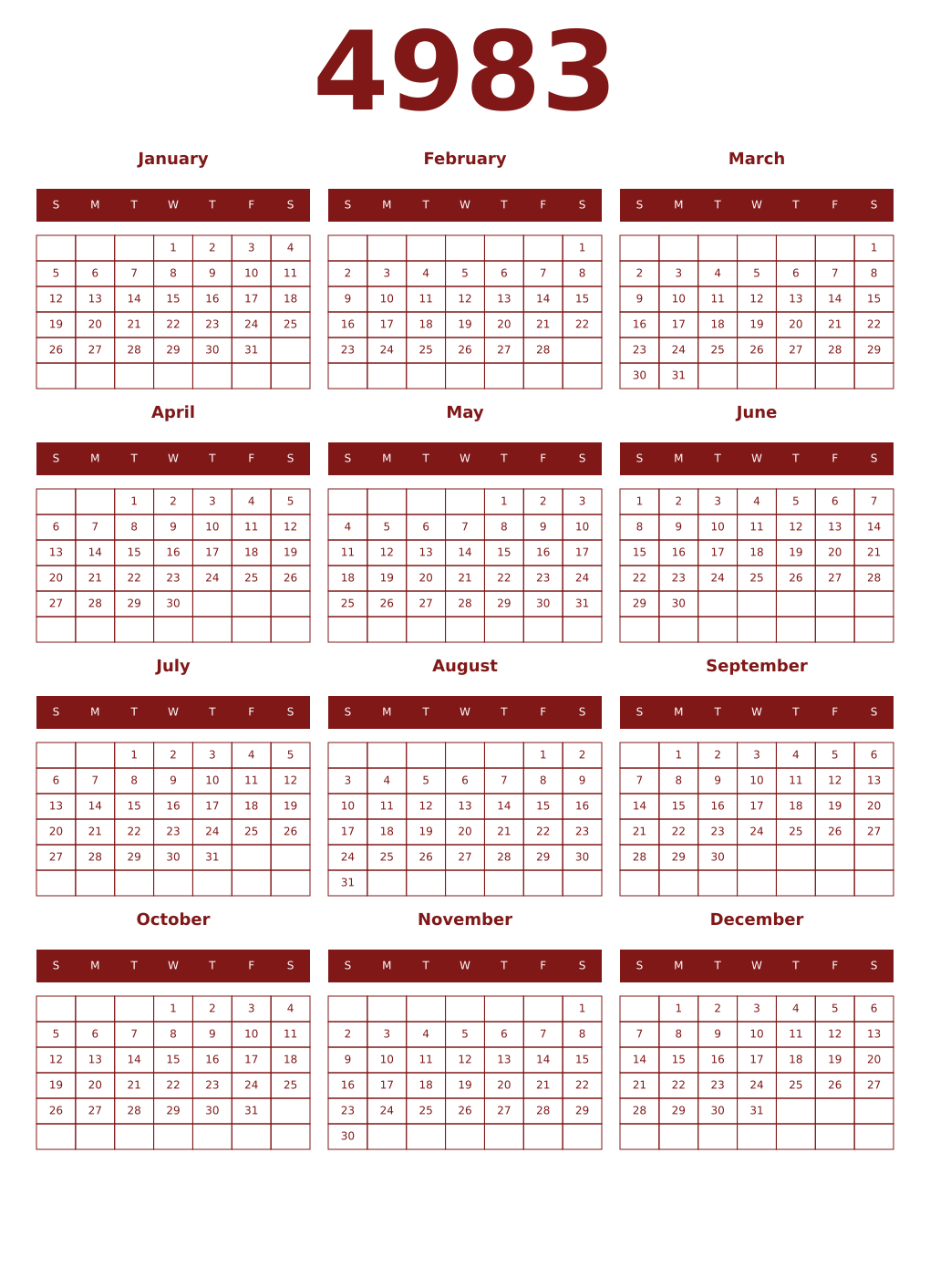Printable 4983 Year Calendars falu