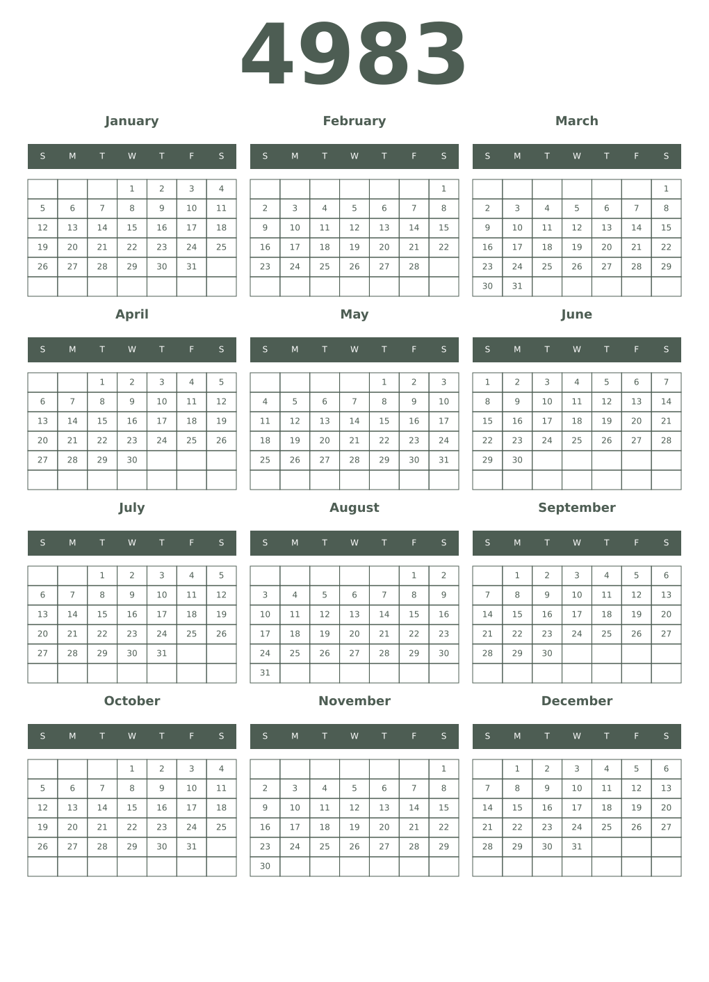 Printable 4983 Year Calendars feldgrau
