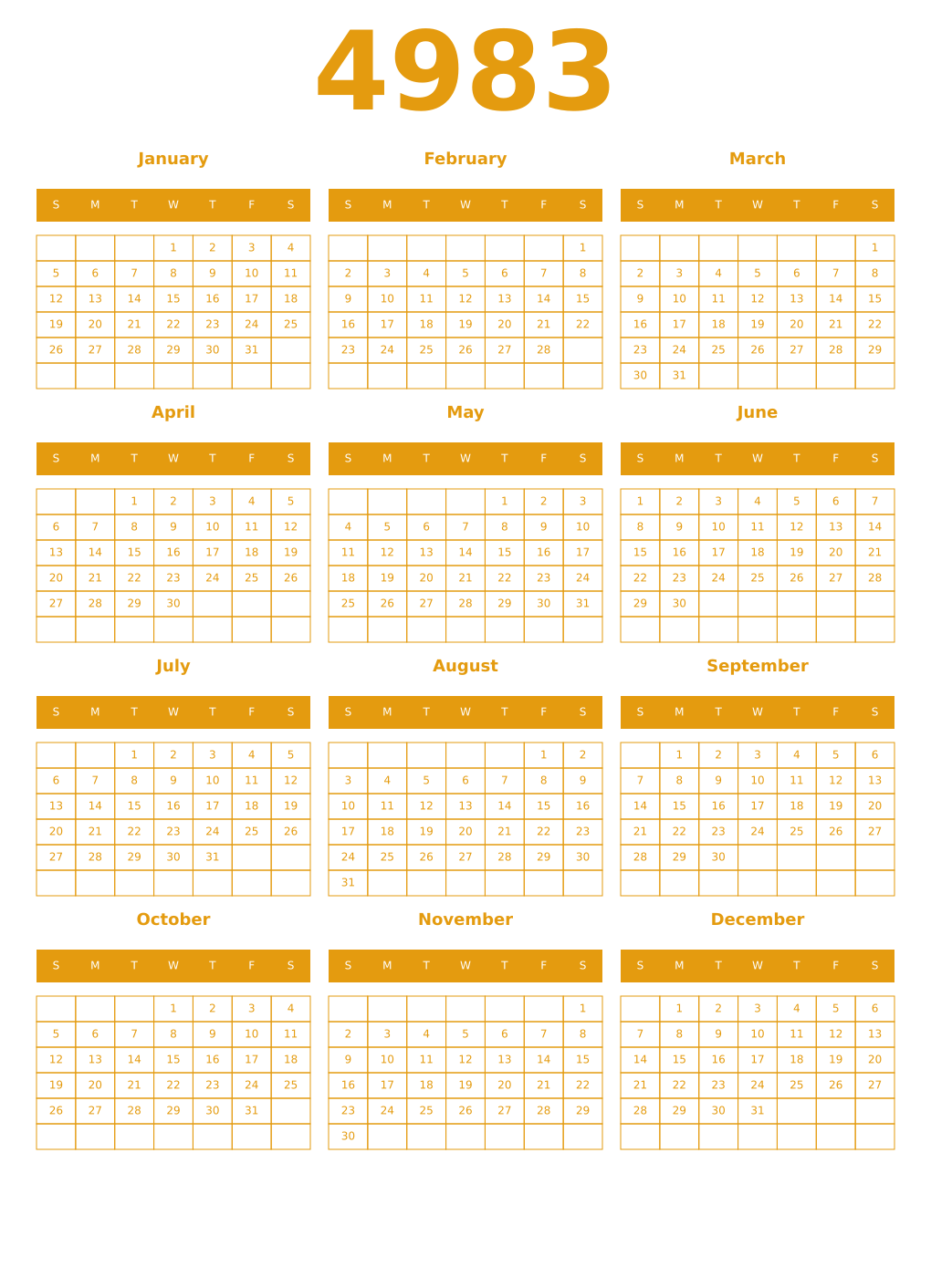 Printable 4983 Year Calendars gamboge