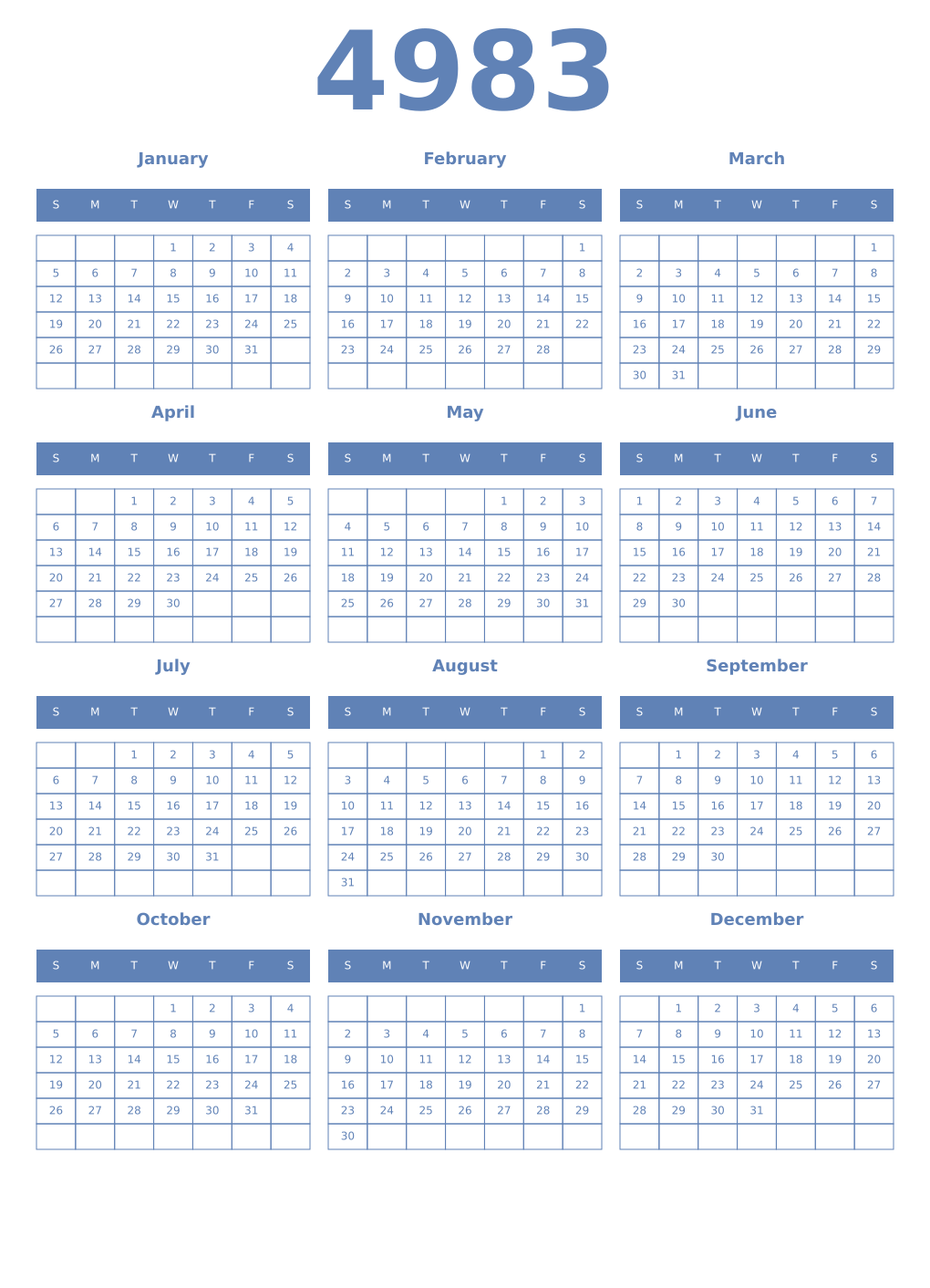Printable 4983 Year Calendars glaucous