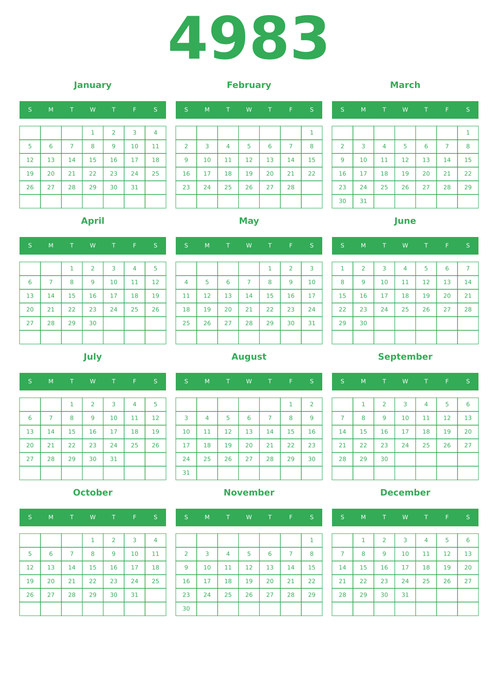 Printable 4983 Year Calendars green