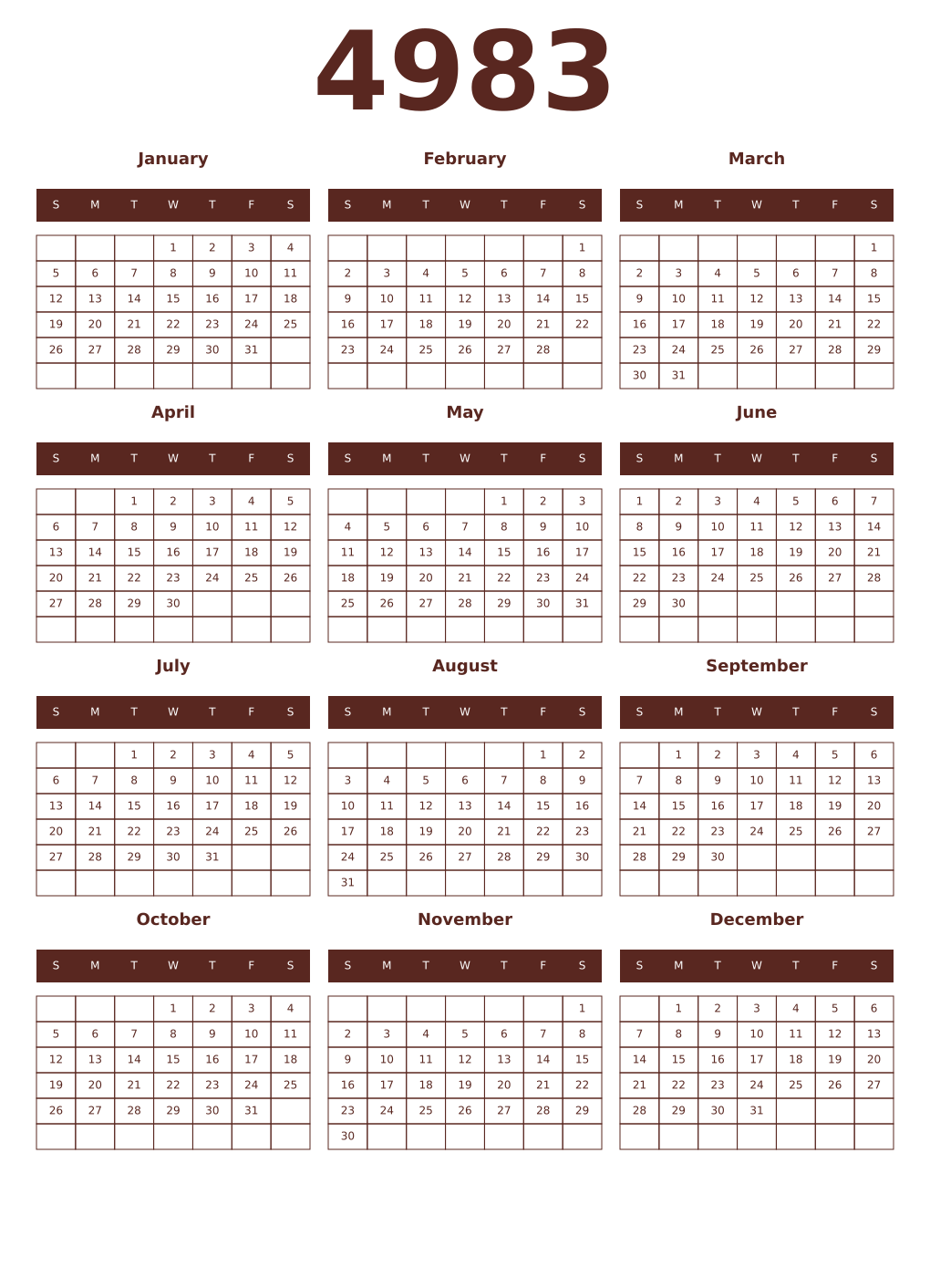 Printable 4983 Year Calendars mortuum