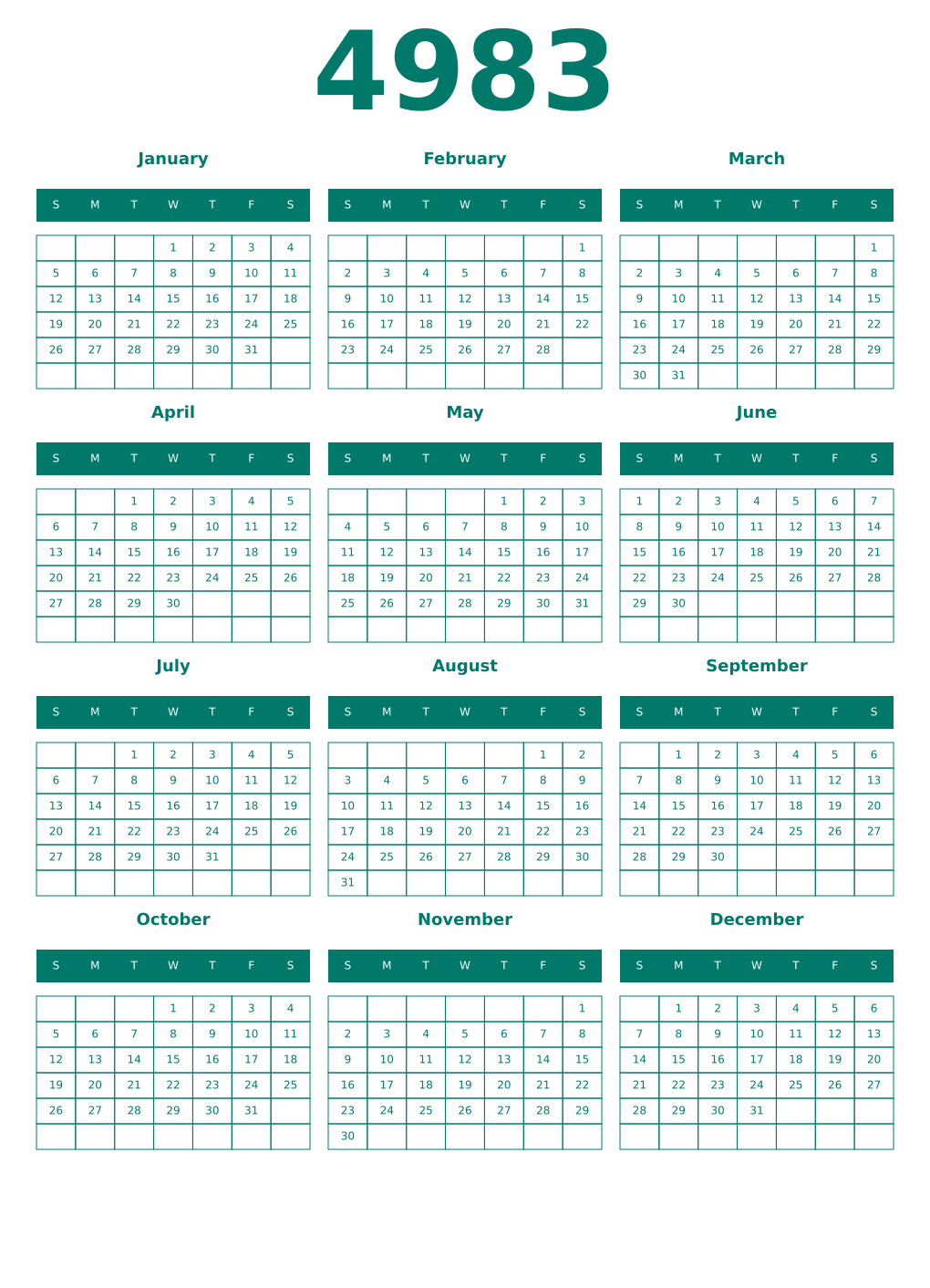 Printable 4983 Year Calendars pastel