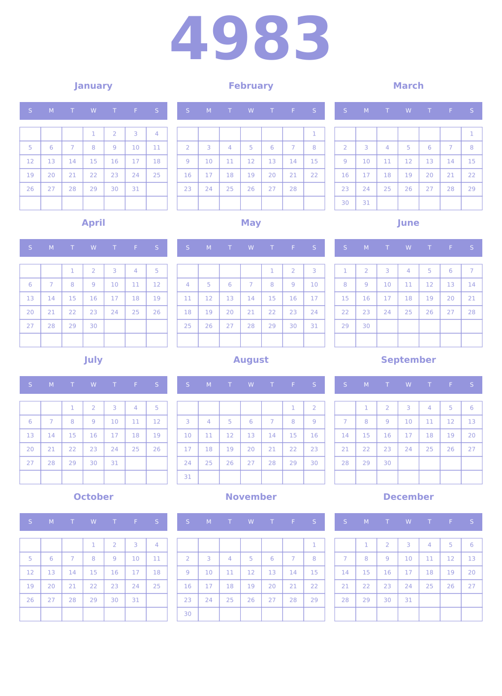 Printable 4983 Year Calendars periwinkle