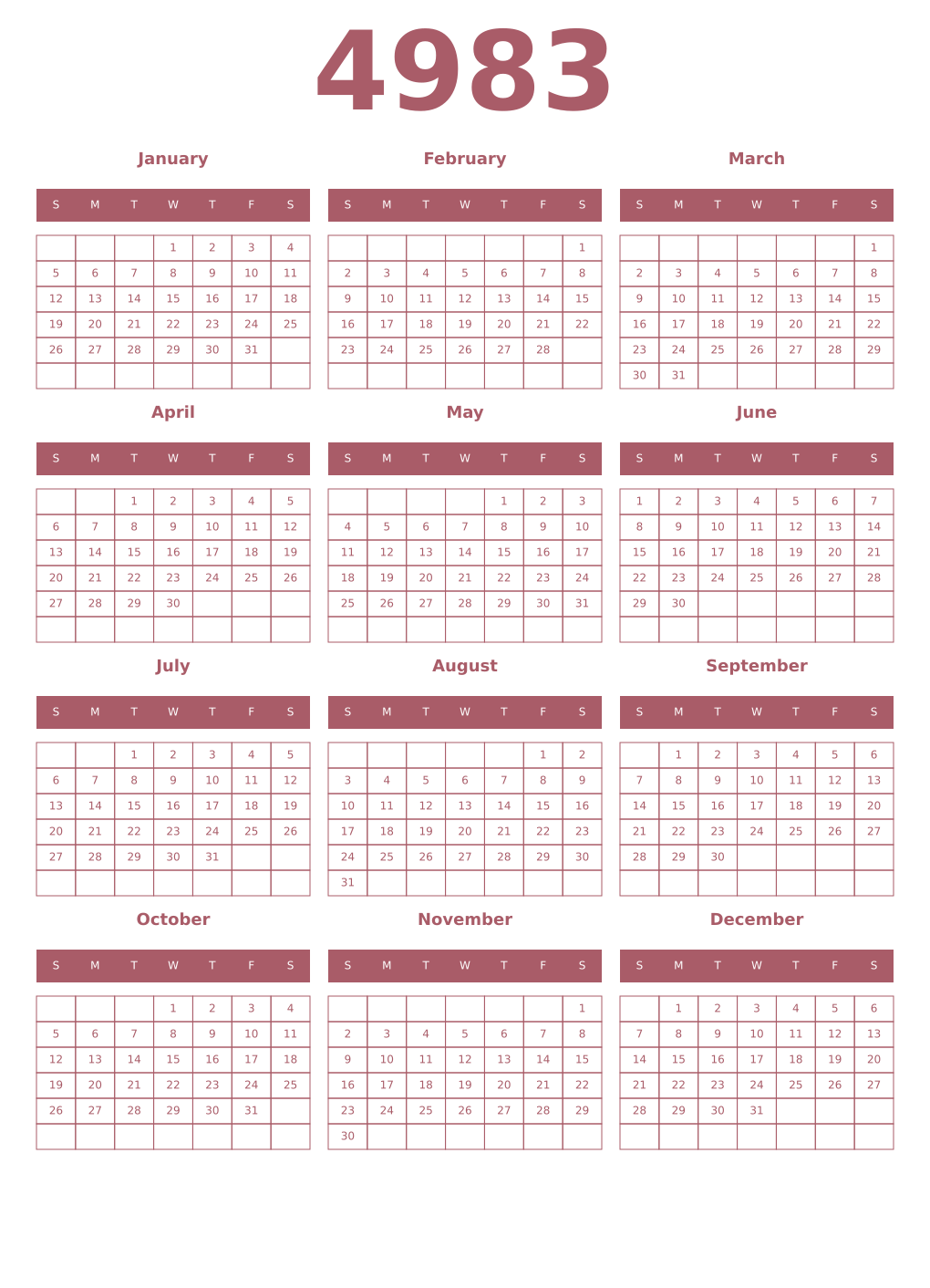 Printable 4983 Year Calendars puce