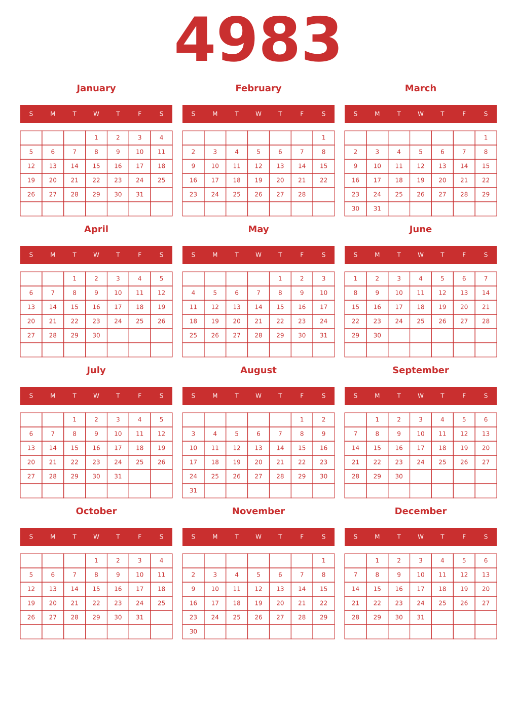 Printable 4983 Year Calendars red