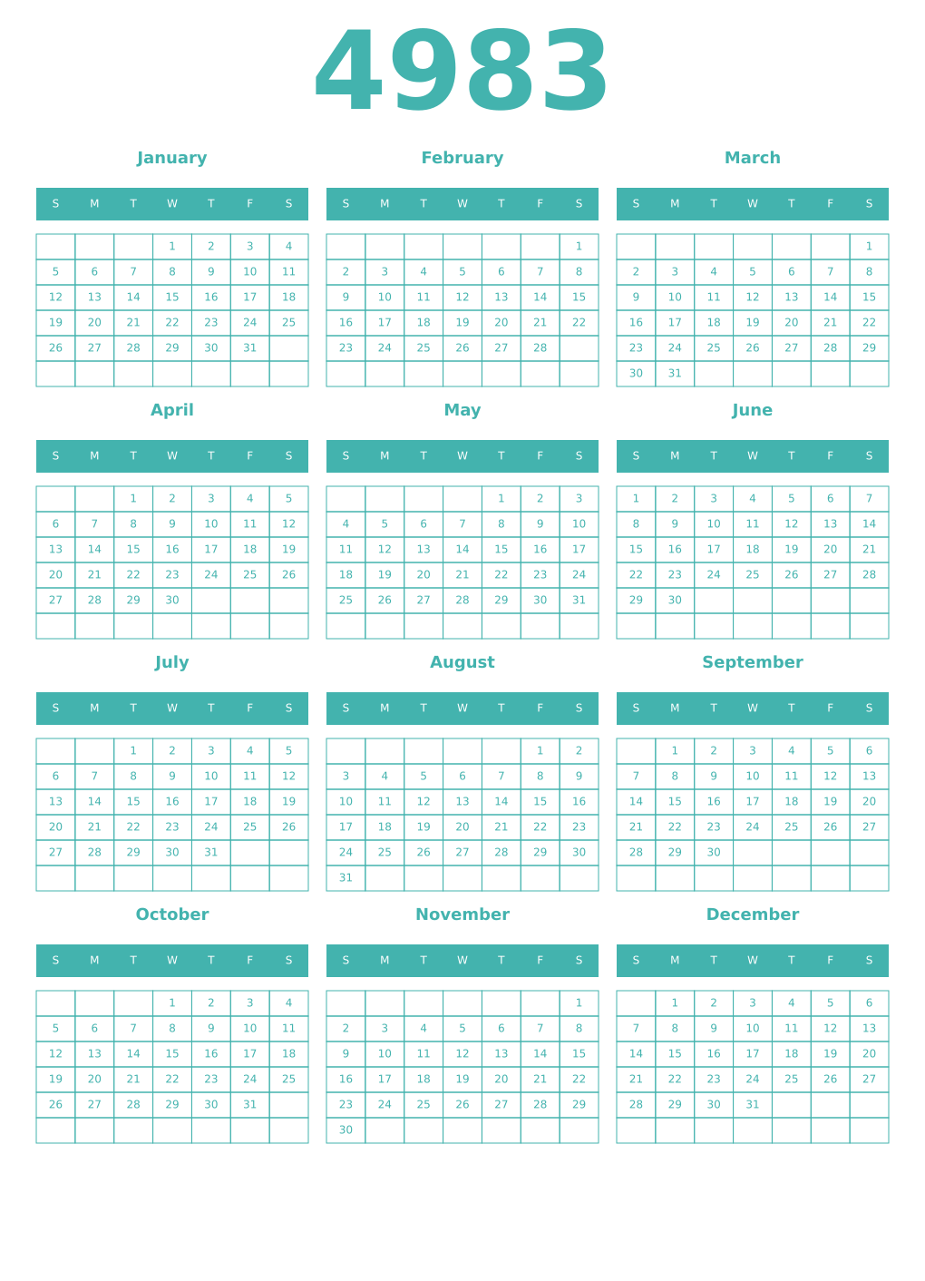Printable 4983 Year Calendars verdigris