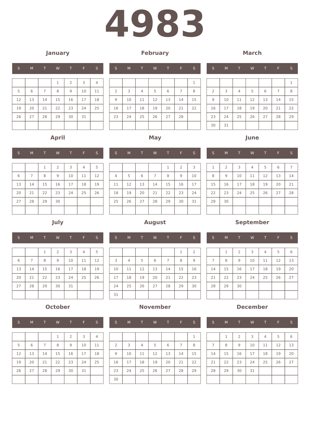 Printable 4983 Year Calendars wenge