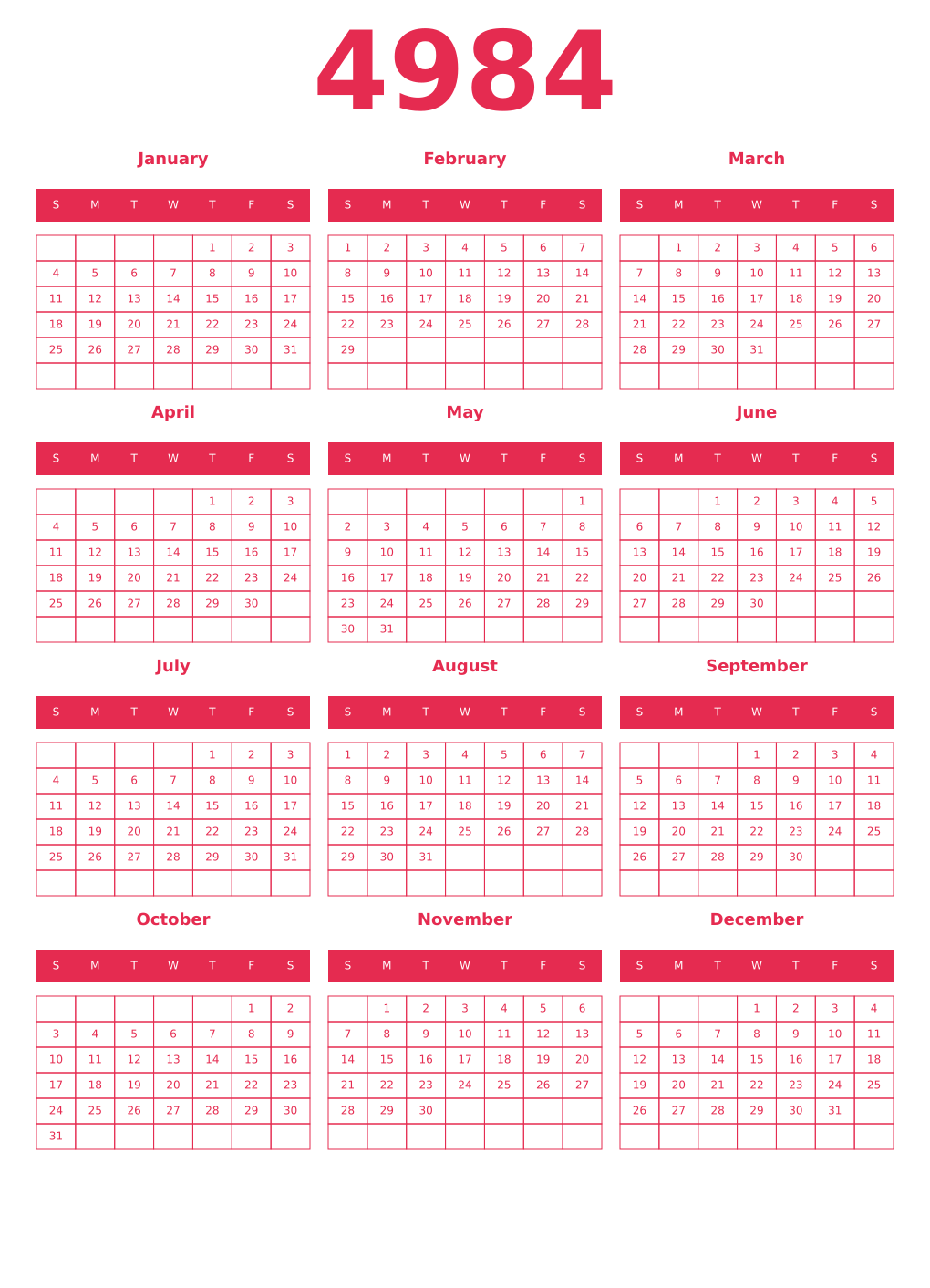 Printable 4984 Year Calendars amaranth
