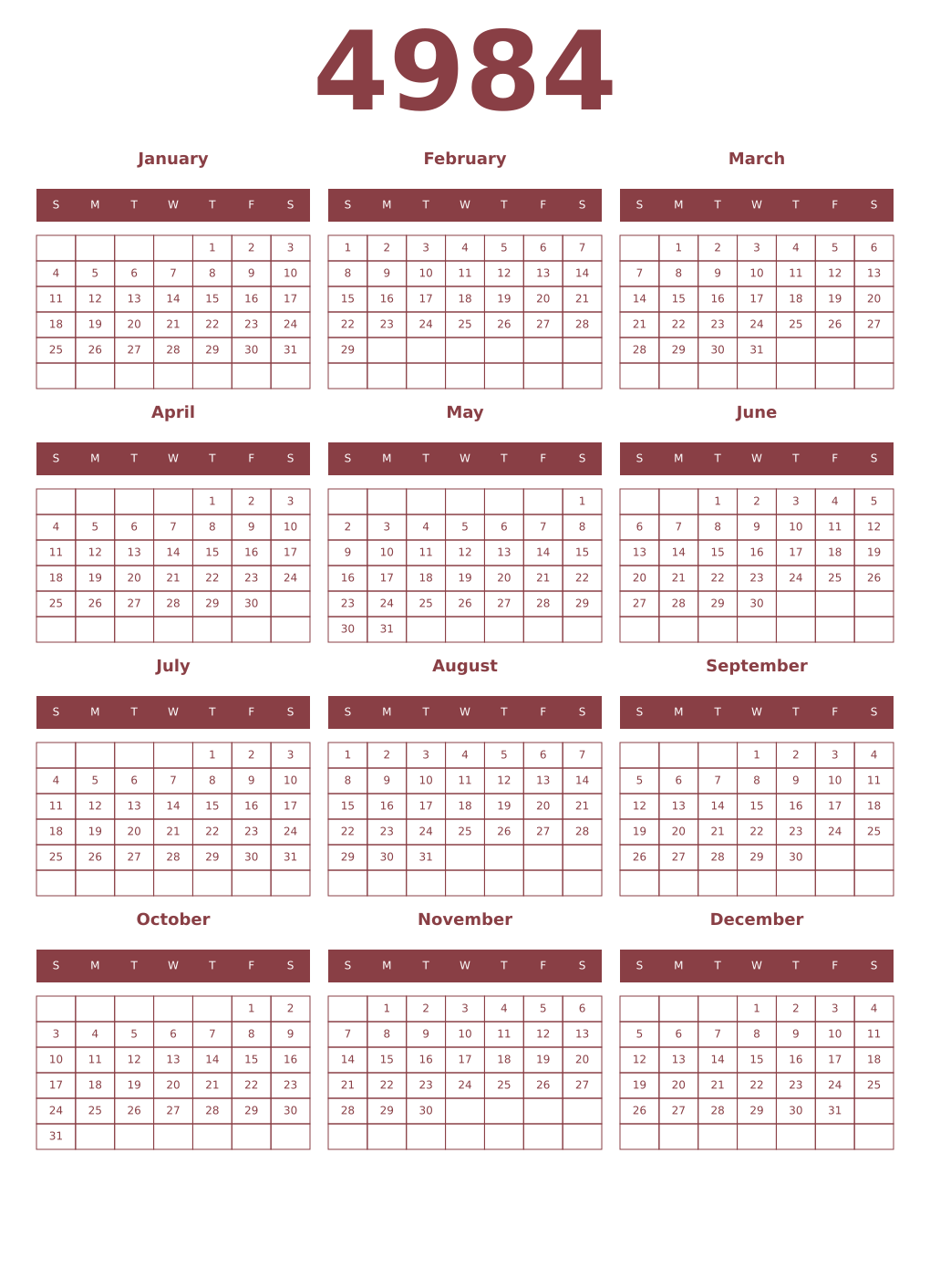 Printable 4984 Year Calendars cordovan
