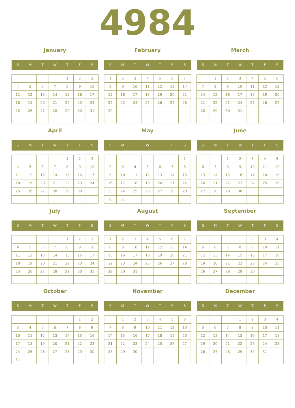 Printable 4984 Year Calendars eburnean