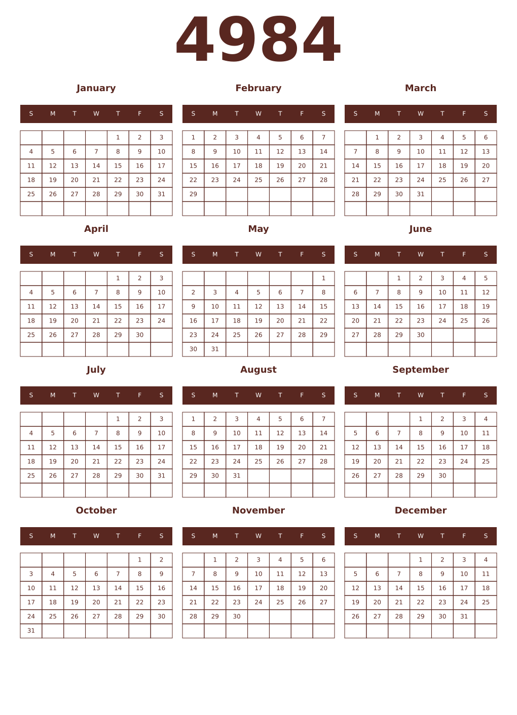 Printable 4984 Year Calendars mortuum