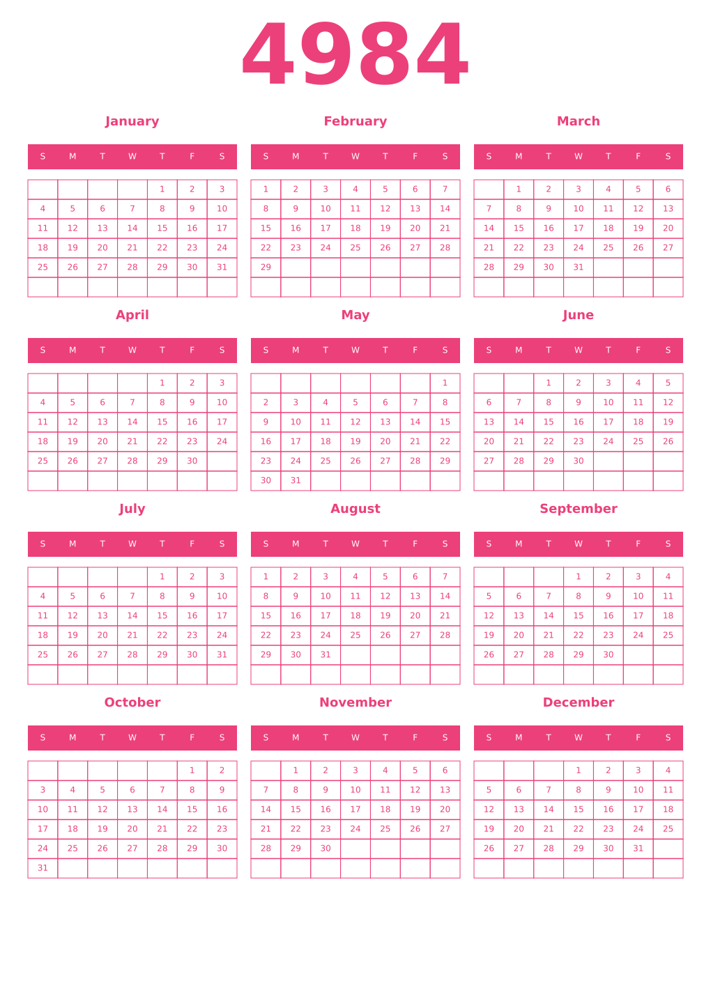 Printable 4984 Year Calendars pink