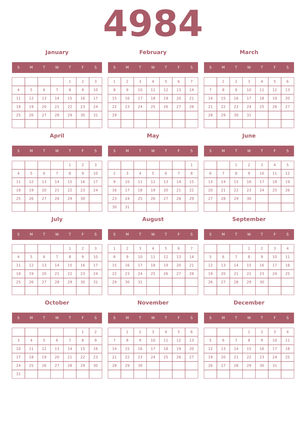 Printable 4984 Year Calendars puce