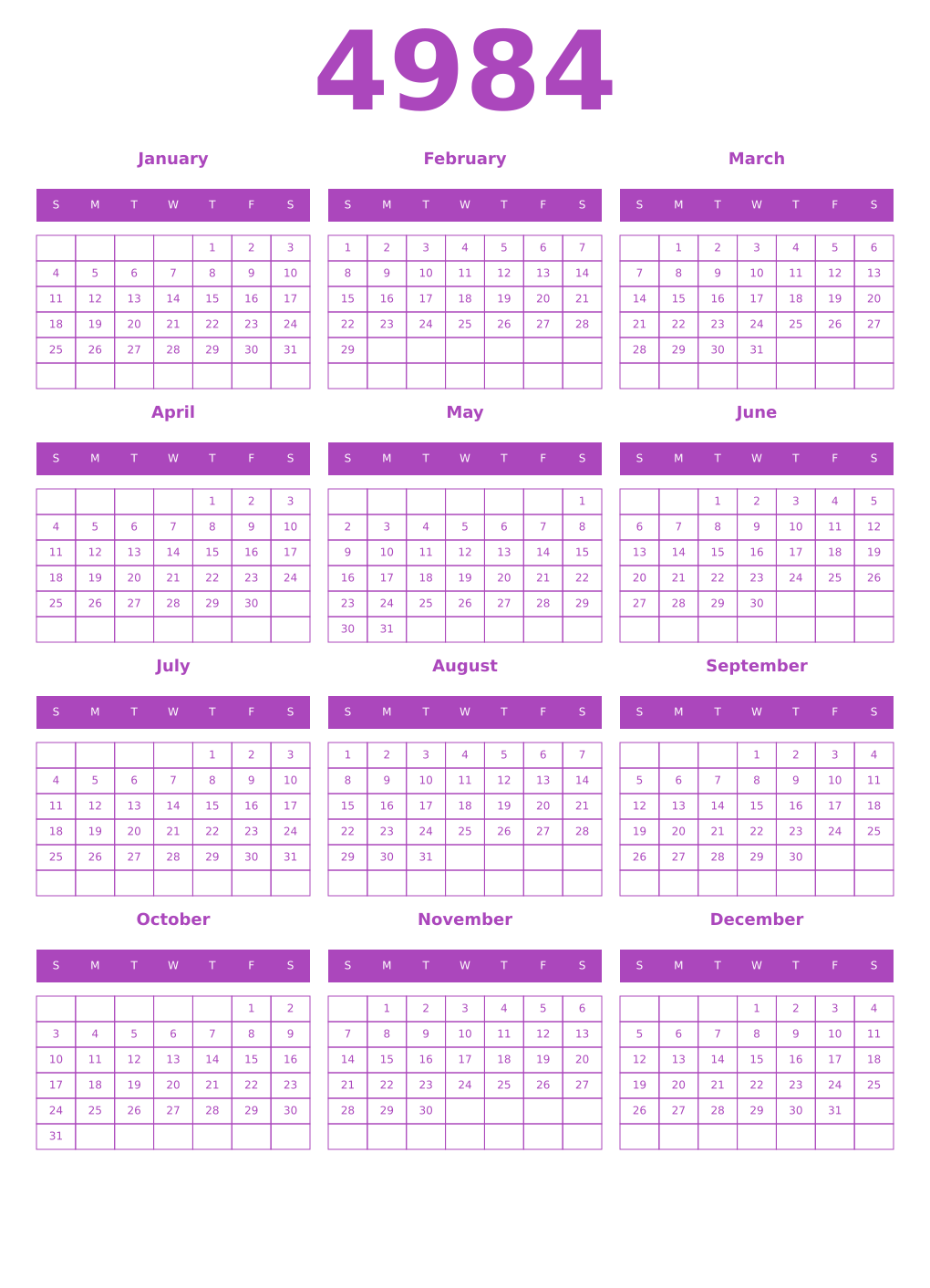 Printable 4984 Year Calendars purple