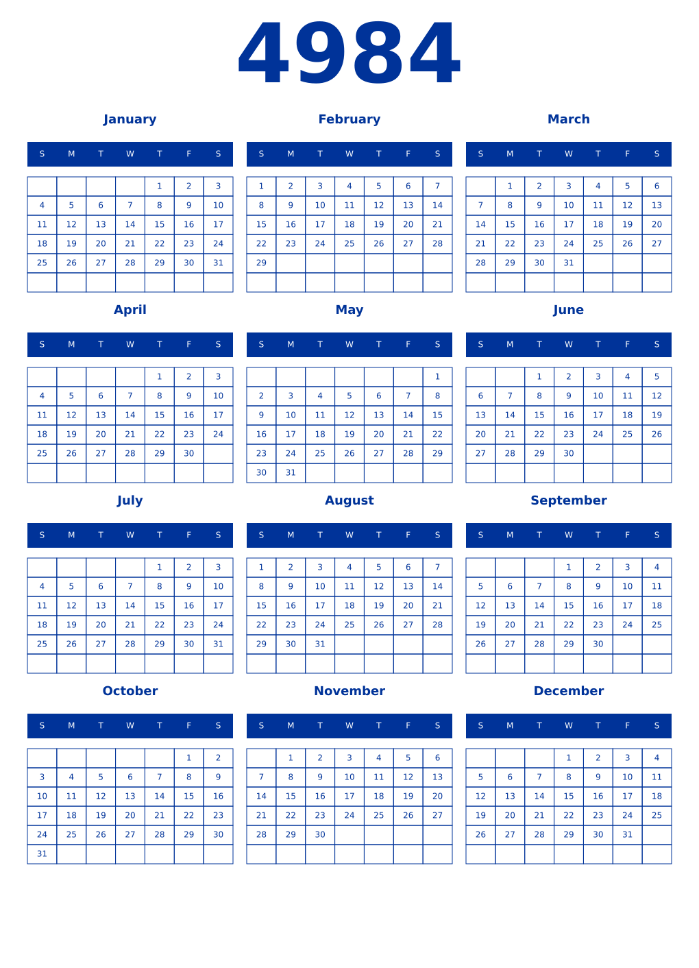 Printable 4984 Year Calendars smalt