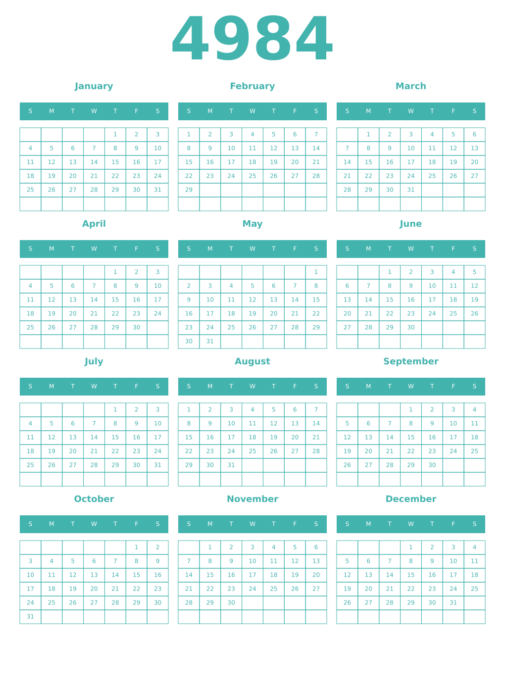 Printable 4984 Year Calendars verdigris