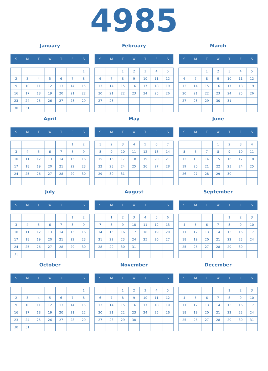 Printable 4985 Year Calendars blue