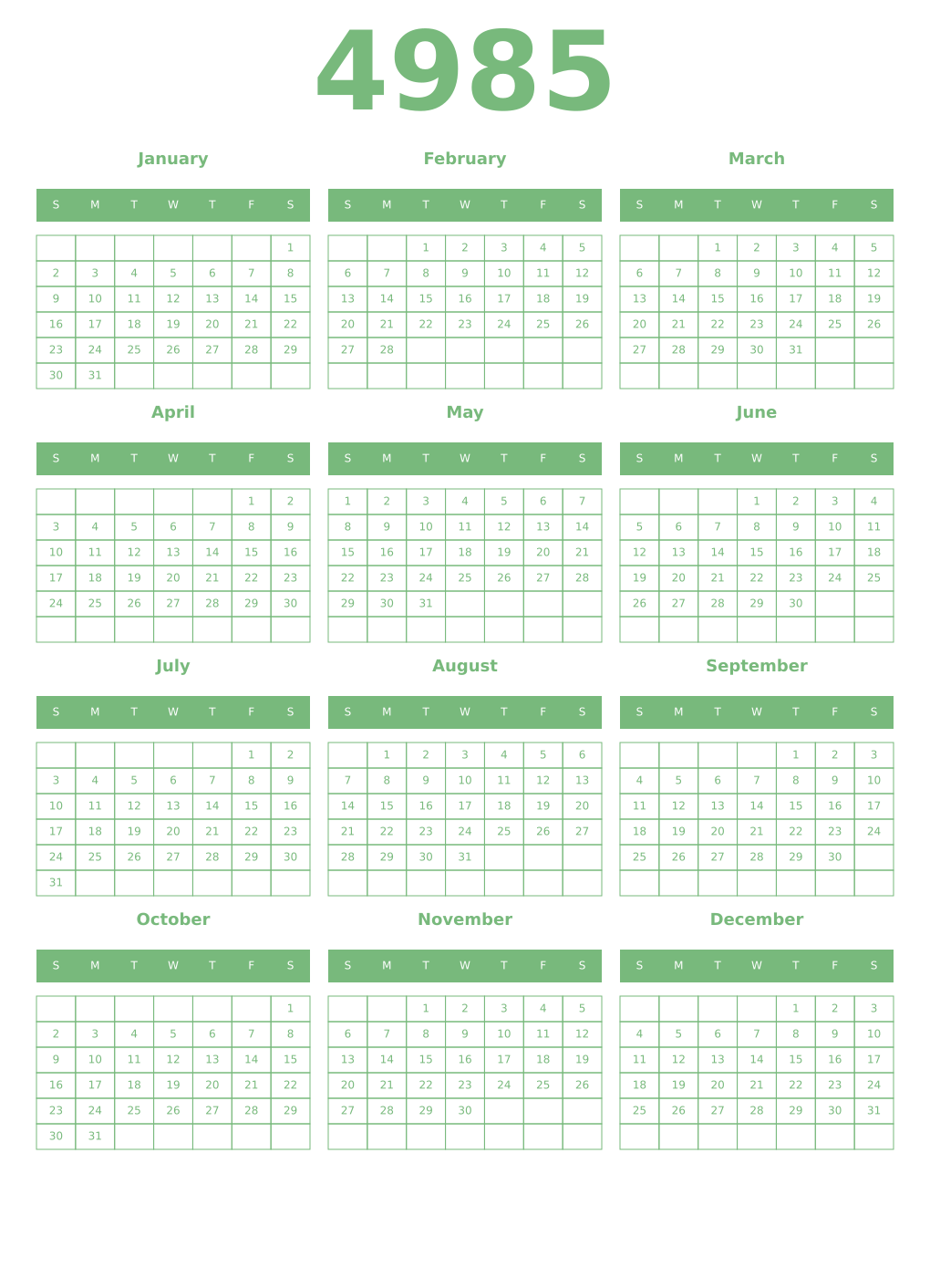 Printable 4985 Year Calendars celadon