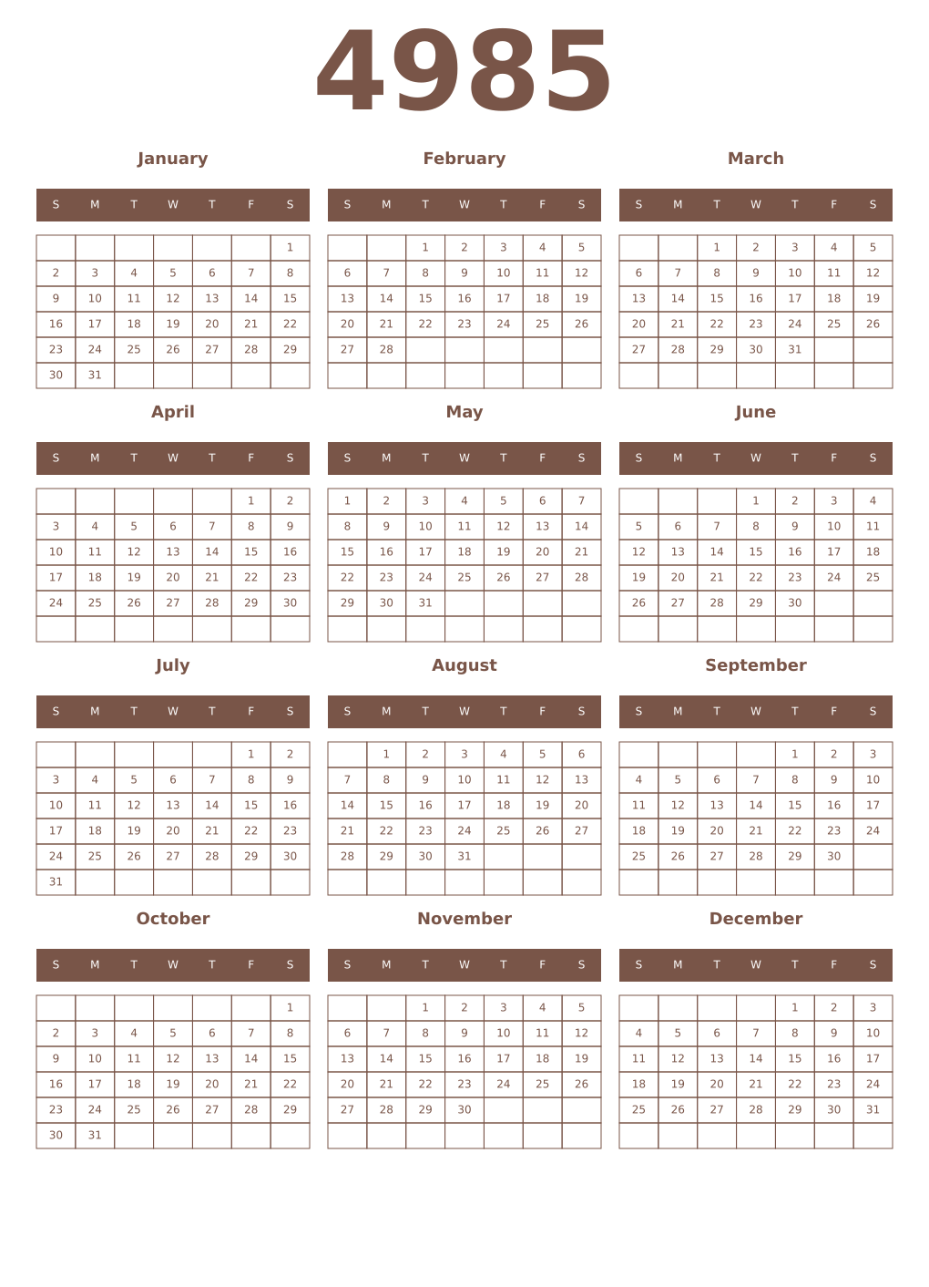 Printable 4985 Year Calendars coffe