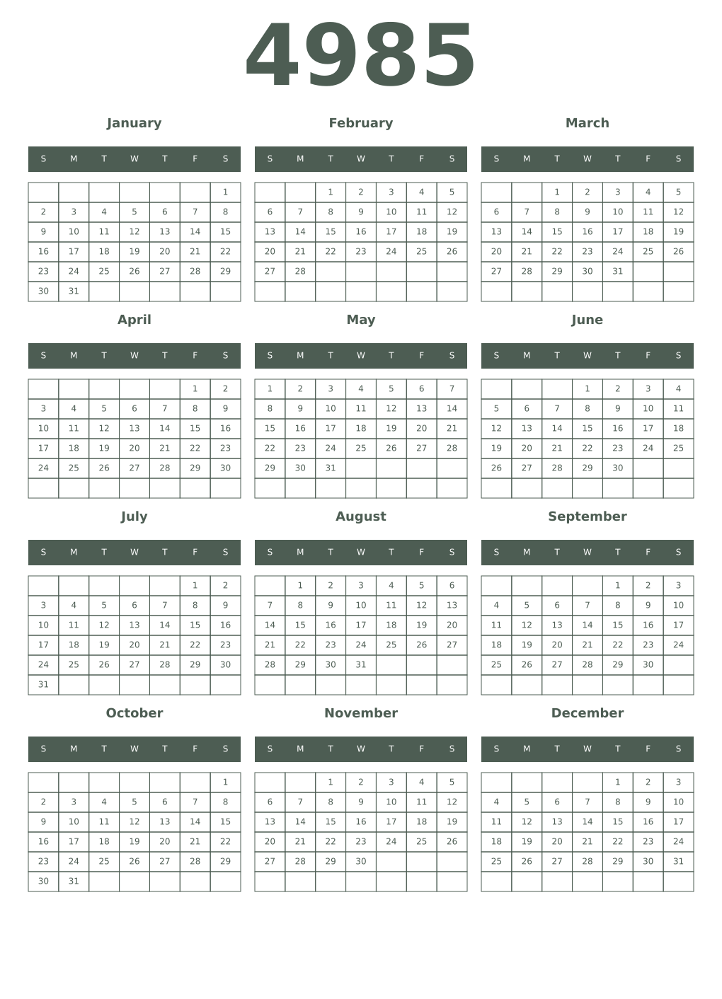 Printable 4985 Year Calendars feldgrau