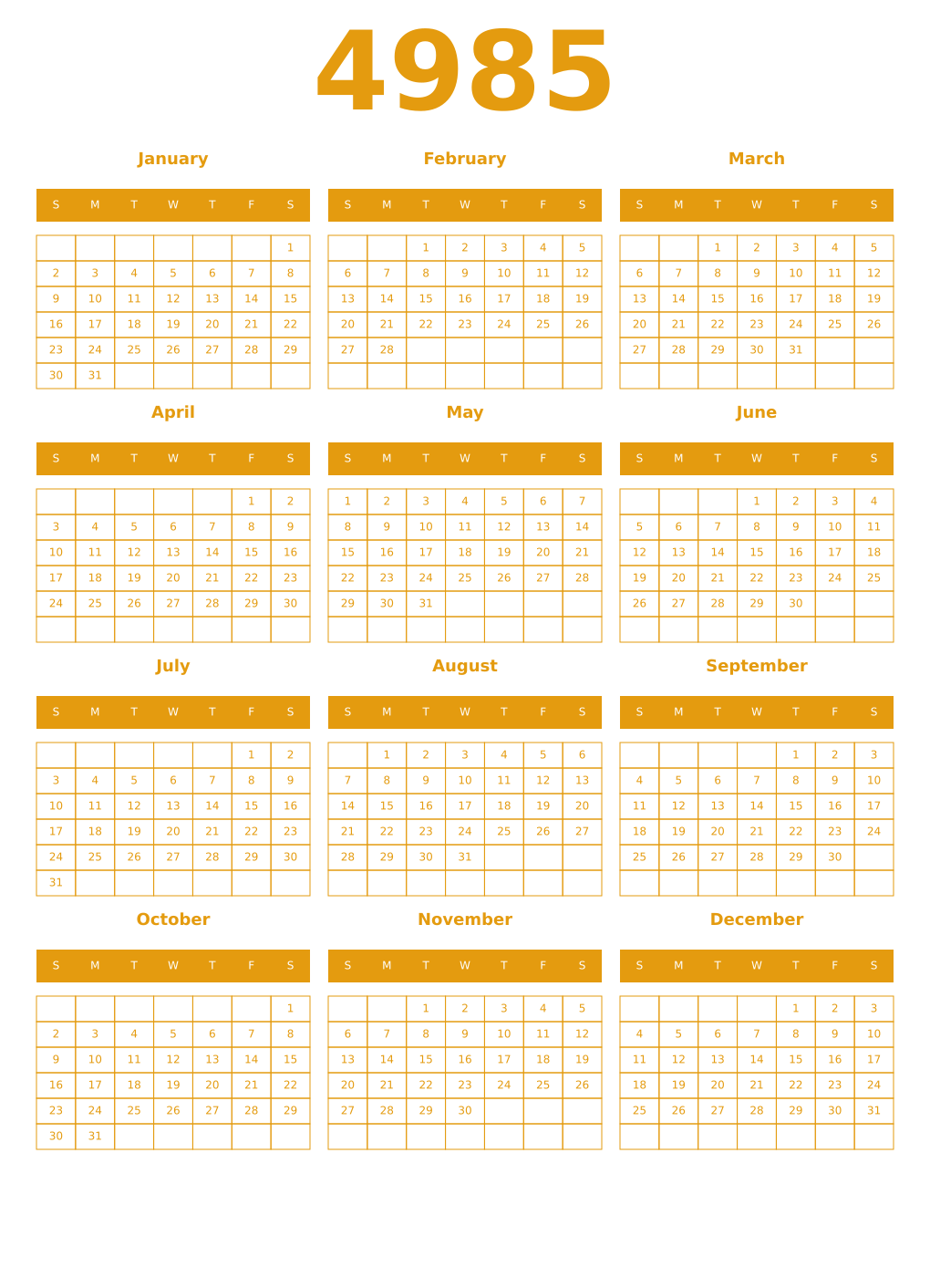 Printable 4985 Year Calendars gamboge