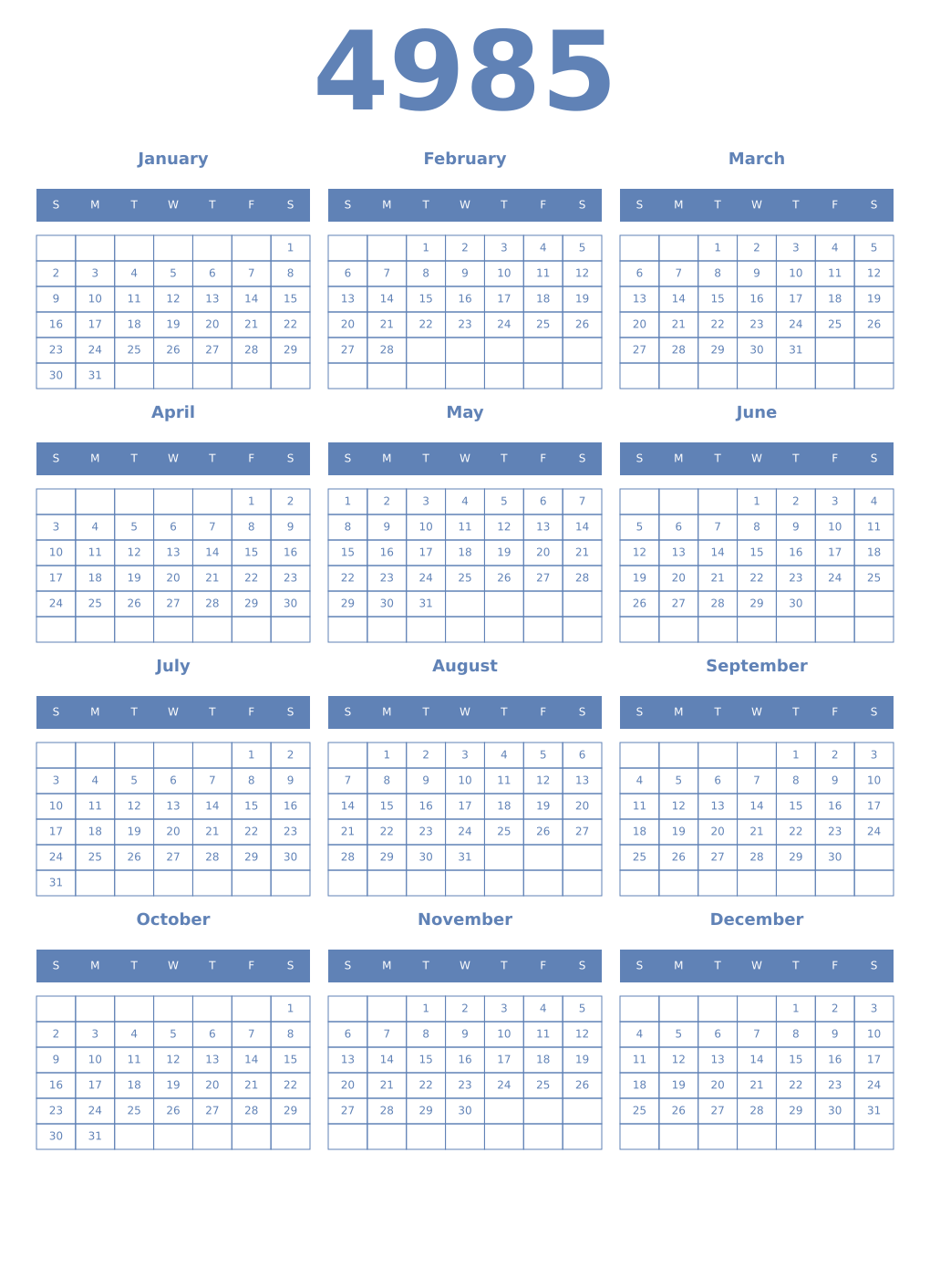Printable 4985 Year Calendars glaucous