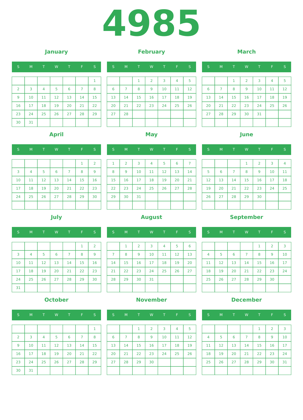 Printable 4985 Year Calendars green